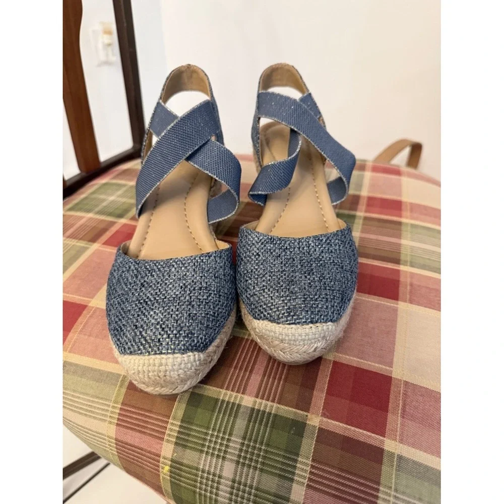 Easy Spirit Blue Espadrille Wedge Sandals | Elastic Strap Comfort Summer Shoes 7